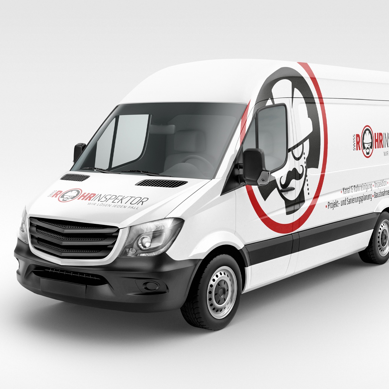 Weißer Kastenwagen Transporter mit werbebeschriftung in Rot/weiß/schwarz seitlich zu sehen.