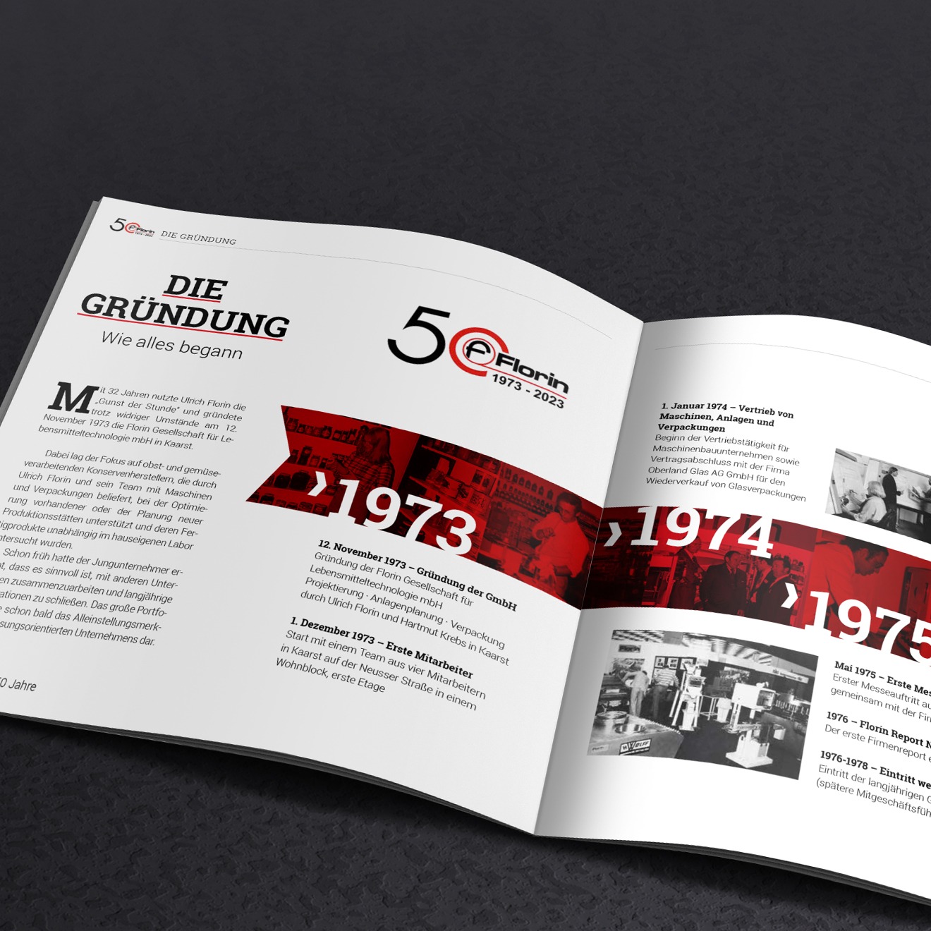 Offene Jubilaeums-Imagebroschuere von Florin Gesellschaft für Lebensmitteltechnologie mbH, zum 50 jaehrigen Firmenbestehen. Zu sehen ist der Artikel Die Gruendung – Wie alles begann und die Zeitleiste mit dem Werdegang in der Firmengeschichte. 1973-2023.Liegend auf einem dunkelgrauen Lederuntergrund.