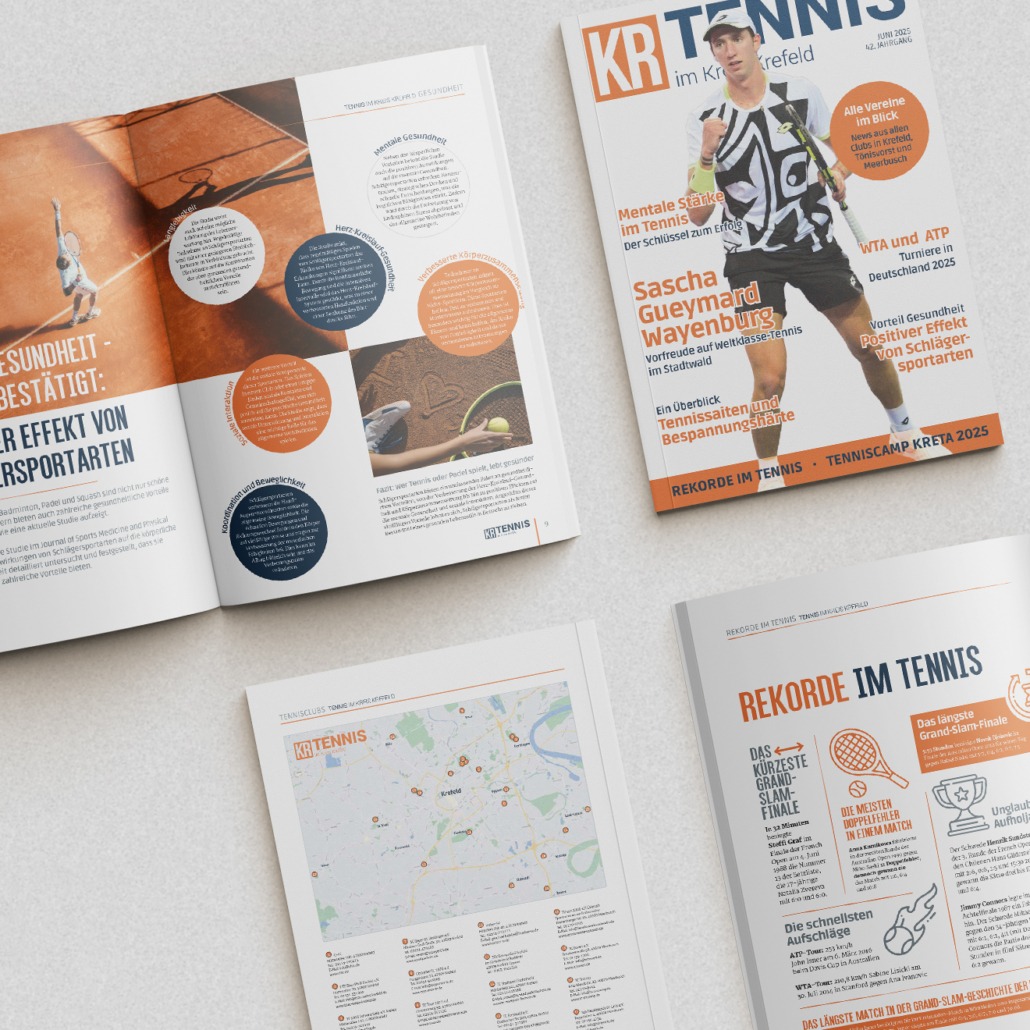 Offene Magazine des Clubmagazines Tennis in Krefeld Juni 2025, zu sehens ind die Titelseite und Innenseiten zum Thema Tennis und Gesundheit, Rekorde im Tennis und die Tennisclubs aus der Region. Die Magazine liegen auf einem hellen Untergrund.