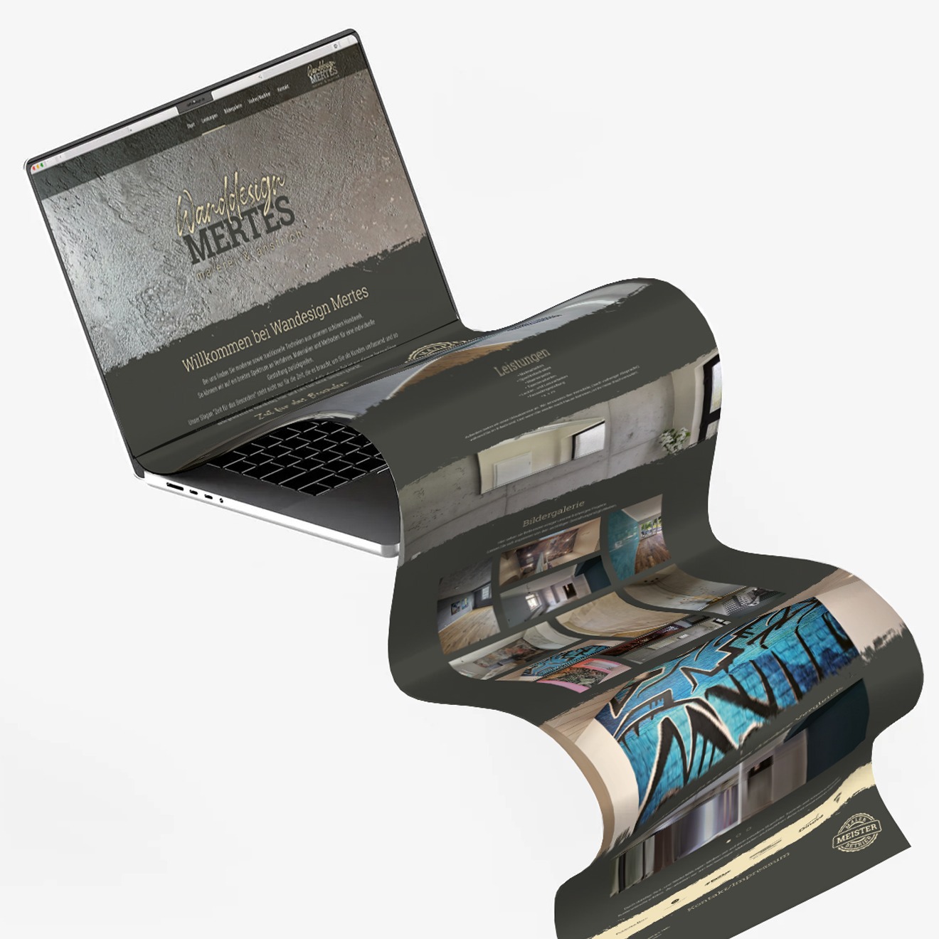 Die Webseite der Firma Wanddesign Mertes auf dem Bildschirm eines aufgeklappten Laptops. Ansicht als nahezu endlose Landingpage als geschwungene Bahn.